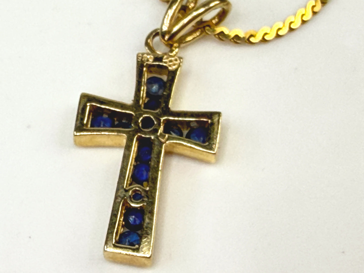 Vintage 14K Gold Pave Sapphire Cross Pendant Necklace 17.5" JR1506