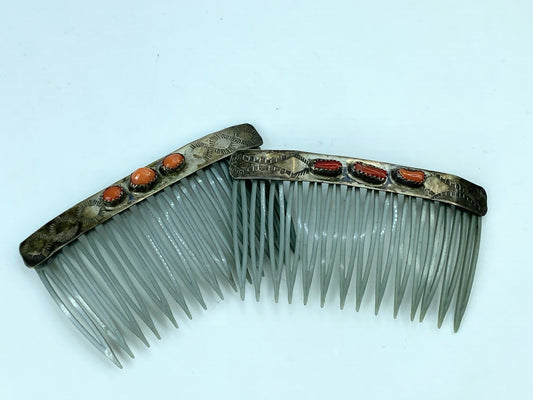 c1950's American Indian Sterling Silver and Coral Hair Combs set 13.2g SS103