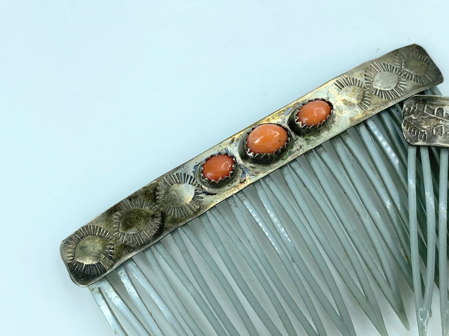 c1950's American Indian Sterling Silver and Coral Hair Combs set 13.2g SS103