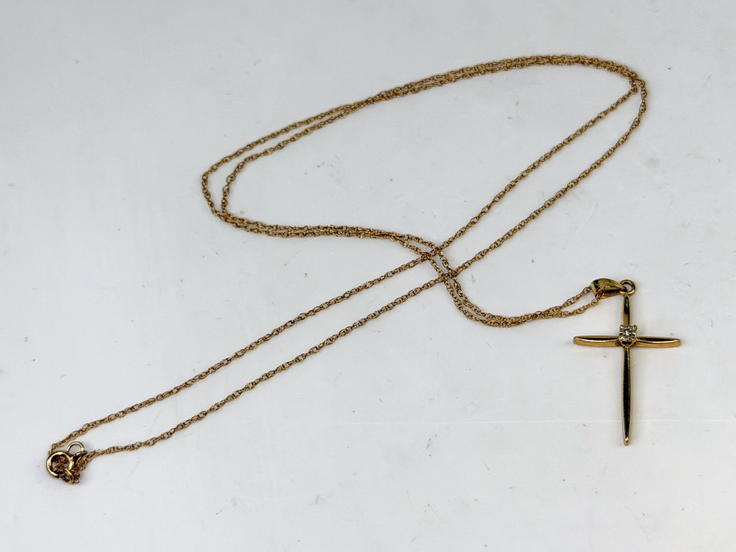 Vintage 14K Gold Chain 10K Gold Diamond Cross Pendant Necklace 20" JR1508