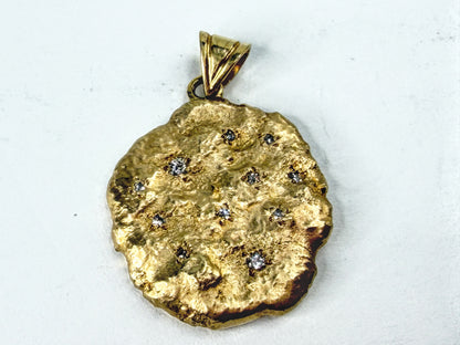 Handmade 14K Yellow Gold Nugget Pendant 10 Diamond Brutalist 17.2g JR2247