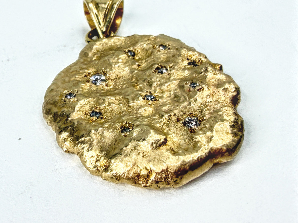 Handmade 14K Yellow Gold Nugget Pendant 10 Diamond Brutalist 17.2g JR2247