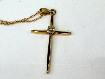 Vintage 14K Gold Chain 10K Gold Diamond Cross Pendant Necklace 20" JR1508
