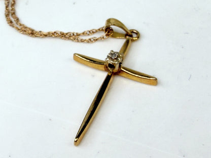 Vintage 14K Gold Chain 10K Gold Diamond Cross Pendant Necklace 20" JR1508