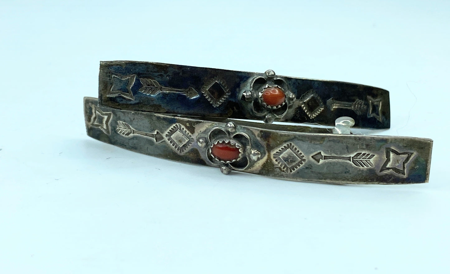 Native American signed hand made Coral cabochon barrette 14.4g SS104