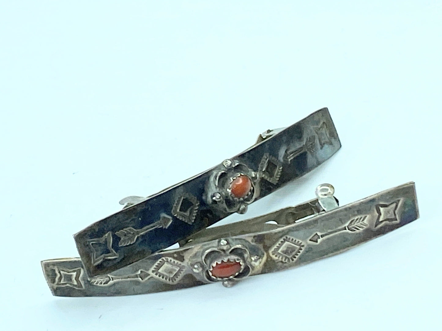 Native American signed hand made Coral cabochon barrette 14.4g SS104