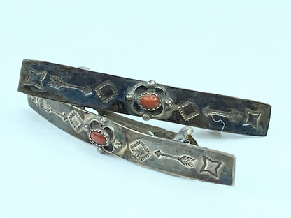 Native American signed hand made Coral cabochon barrette 14.4g SS104