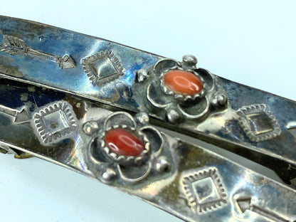 Native American signed hand made Coral cabochon barrette 14.4g SS104