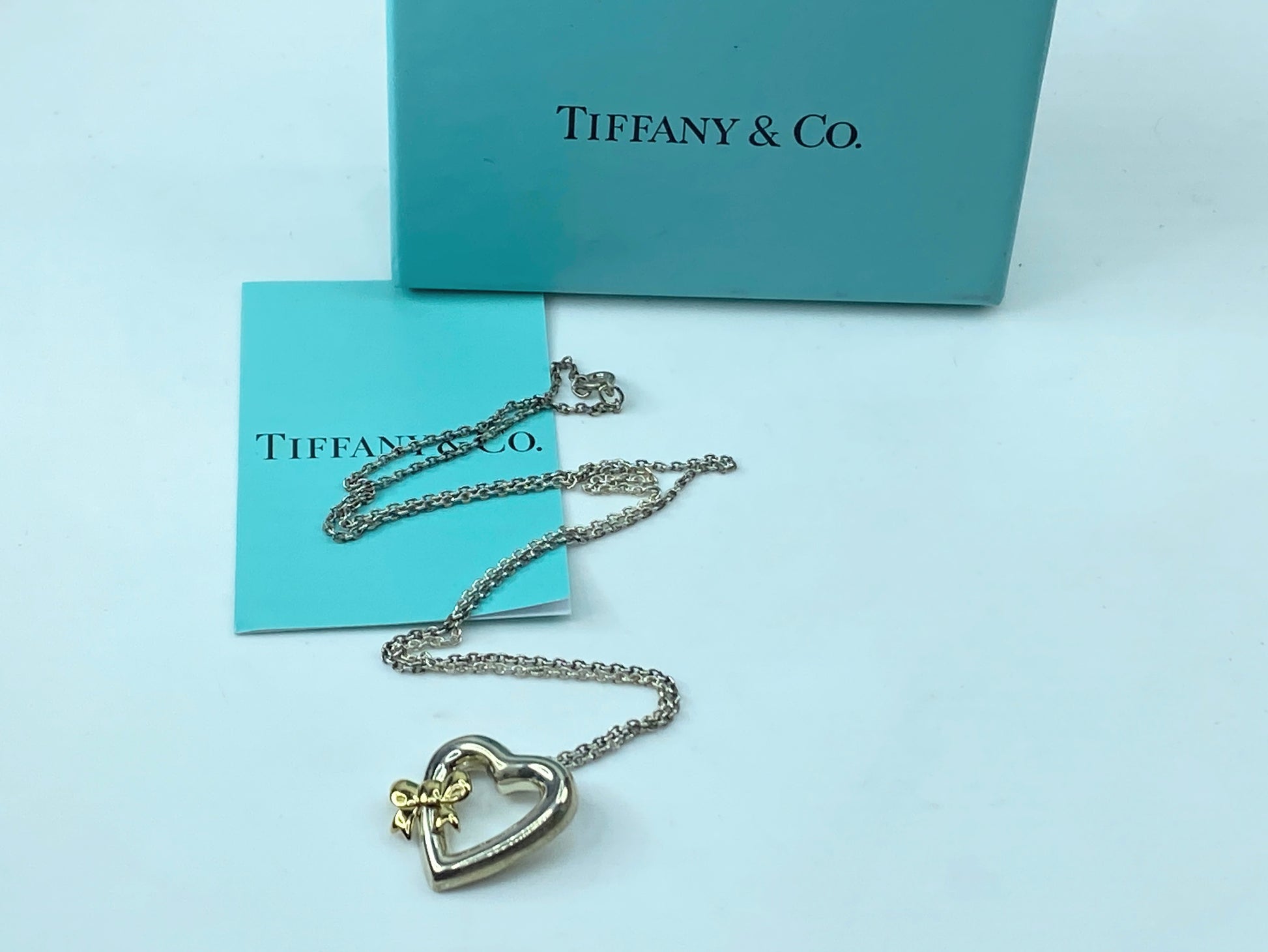 Tiffany & Co. Silver & 18K Gold Side Ribbon Bow Heart Pendant 16" Necklace JR365