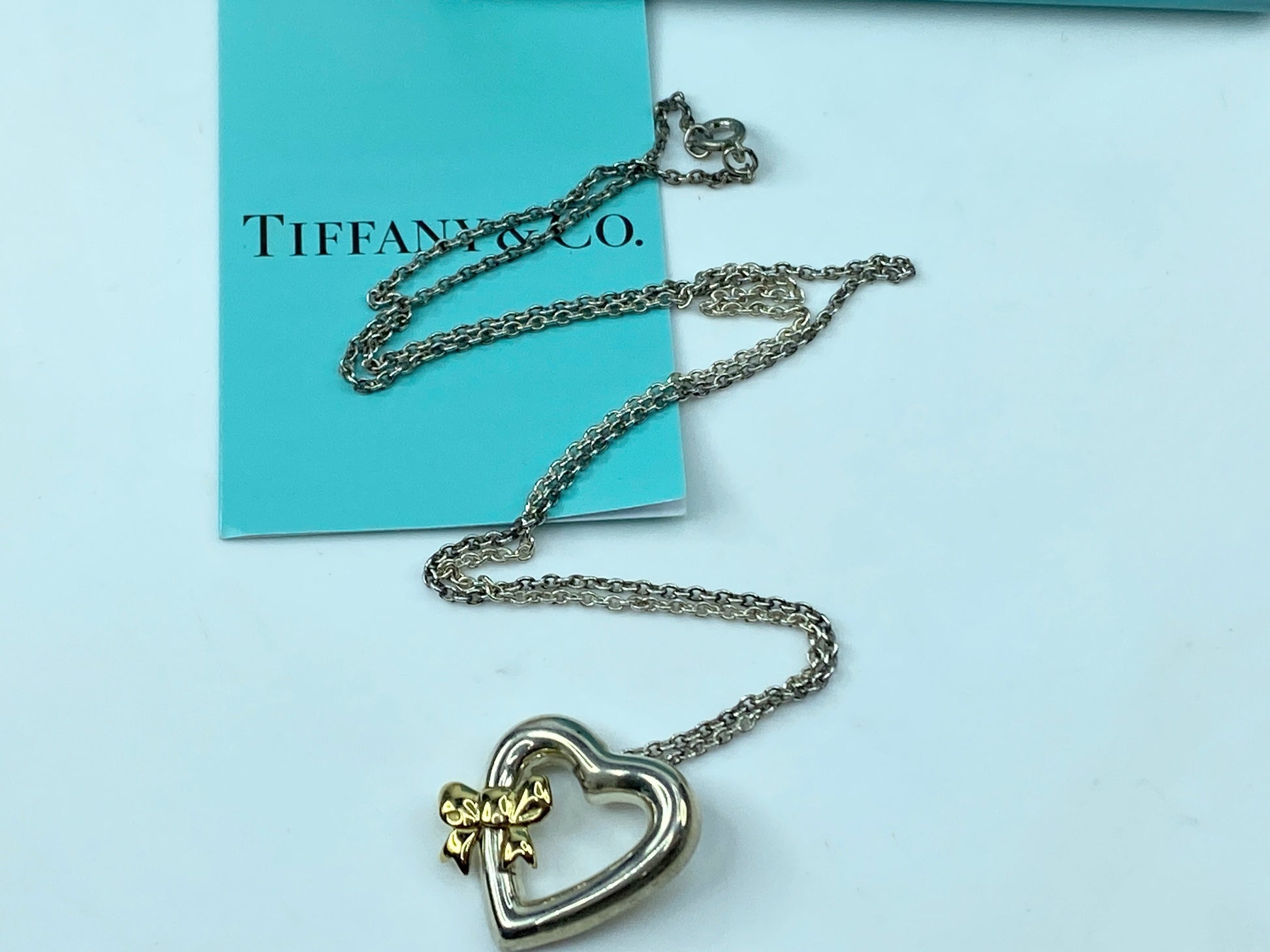 Tiffany & Co. Silver & 18K Gold Side Ribbon Bow Heart Pendant 16" Necklace JR365