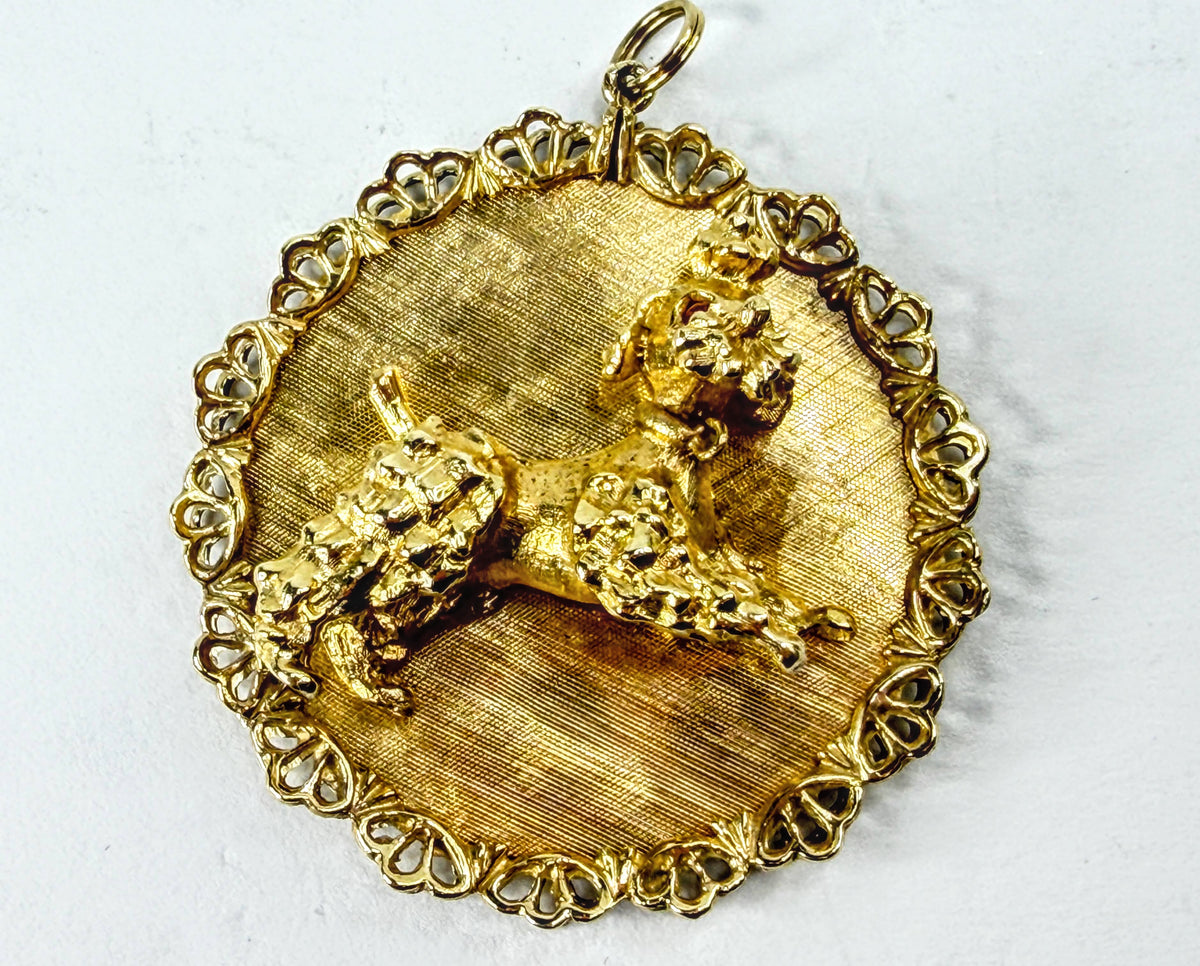Vintage 14K Gold Oversized Poodle Ruby Eyes 3D Double Edge Pendant JR2249l