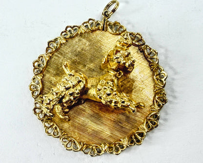 Vintage 14K Gold Oversized Poodle Ruby Eyes 3D Double Edge Pendant JR2249l