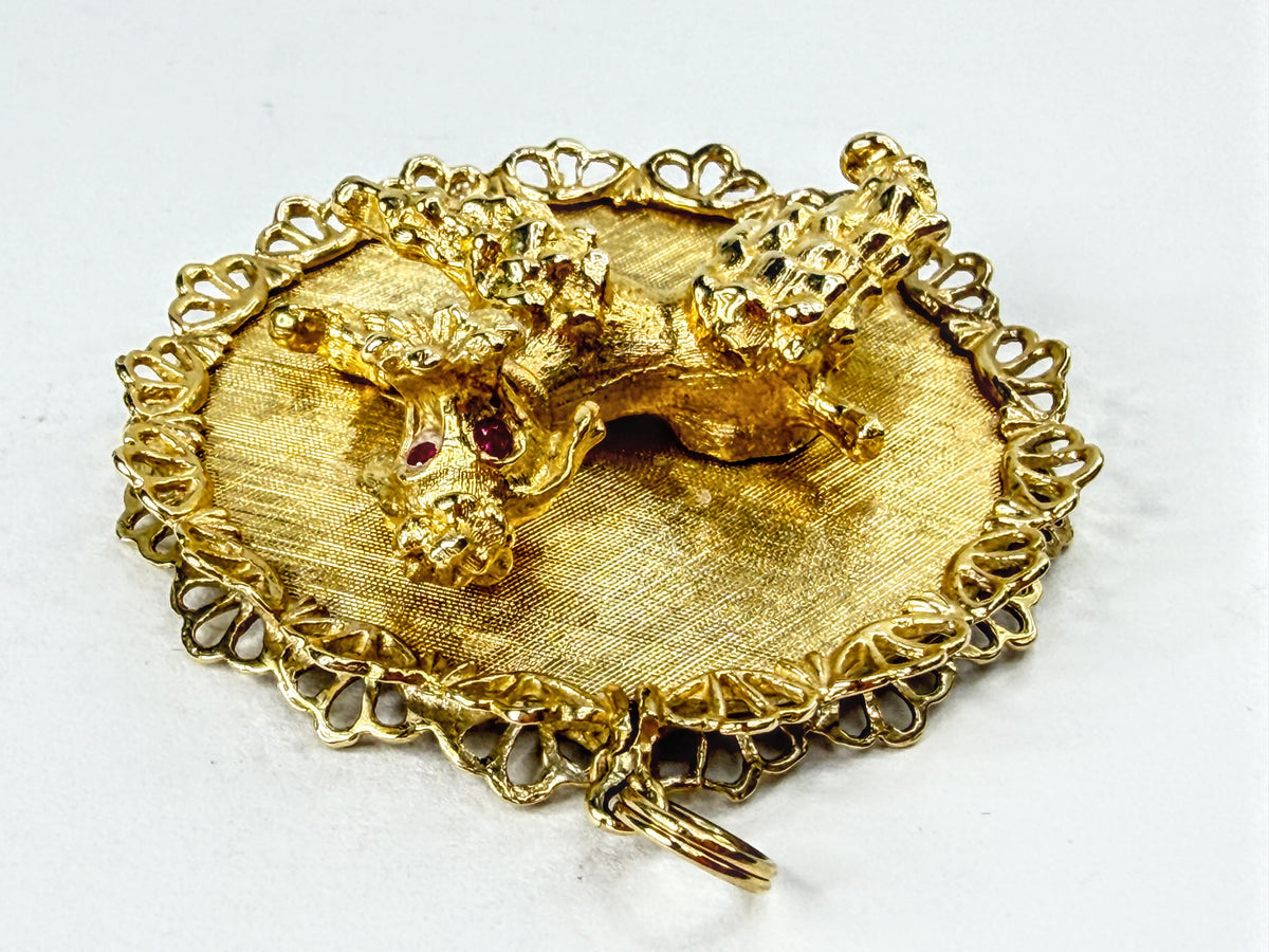 Vintage 14K Gold Oversized Poodle Ruby Eyes 3D Double Edge Pendant JR2249l