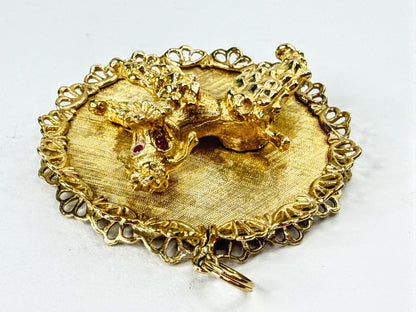 Vintage 14K Gold Oversized Poodle Ruby Eyes 3D Double Edge Pendant JR2249l