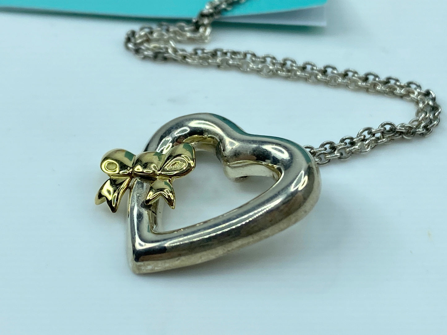 Tiffany & Co. Silver & 18K Gold Side Ribbon Bow Heart Pendant 16" Necklace JR365