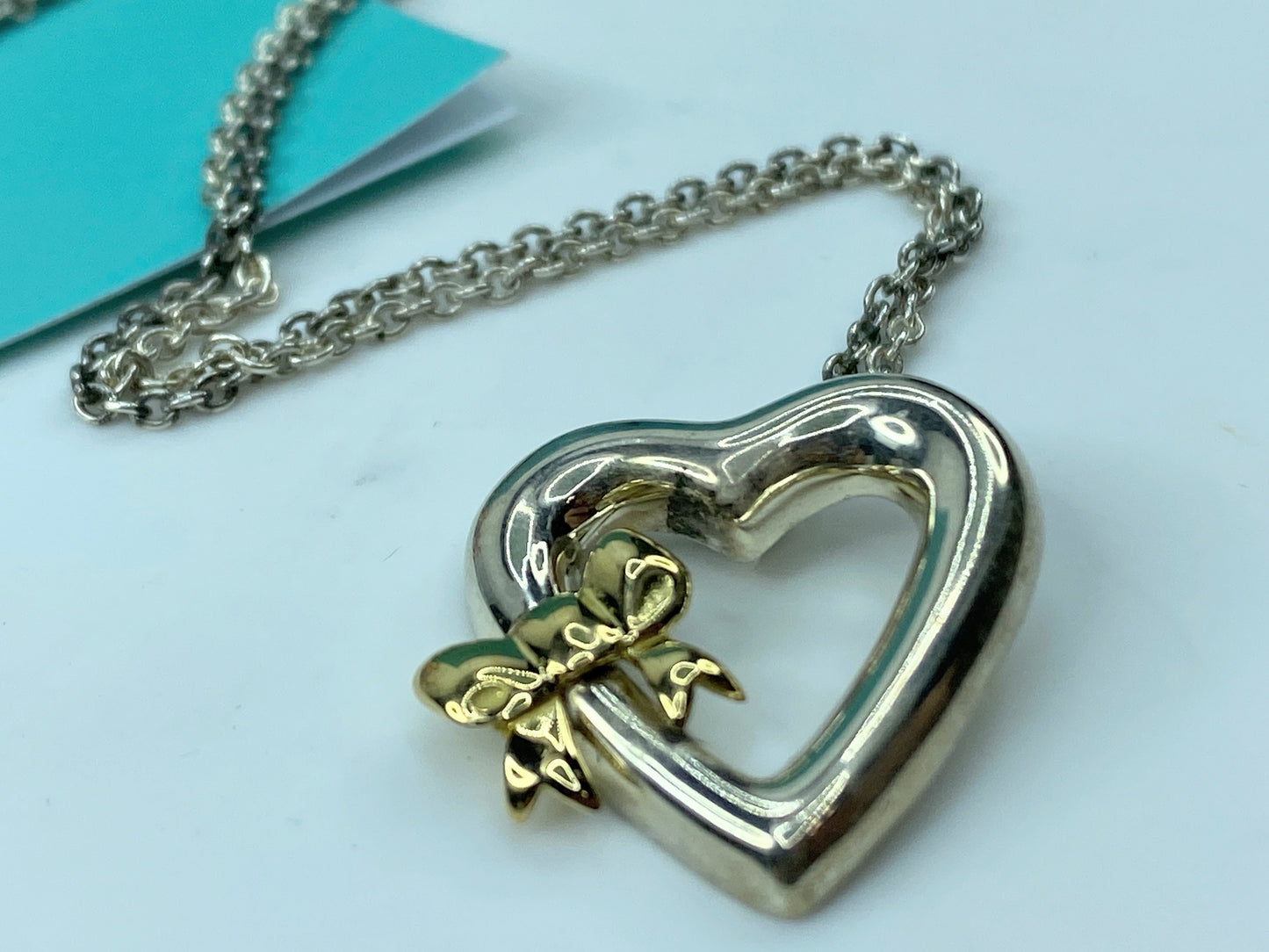 Tiffany & Co. Silver & 18K Gold Side Ribbon Bow Heart Pendant 16" Necklace JR365