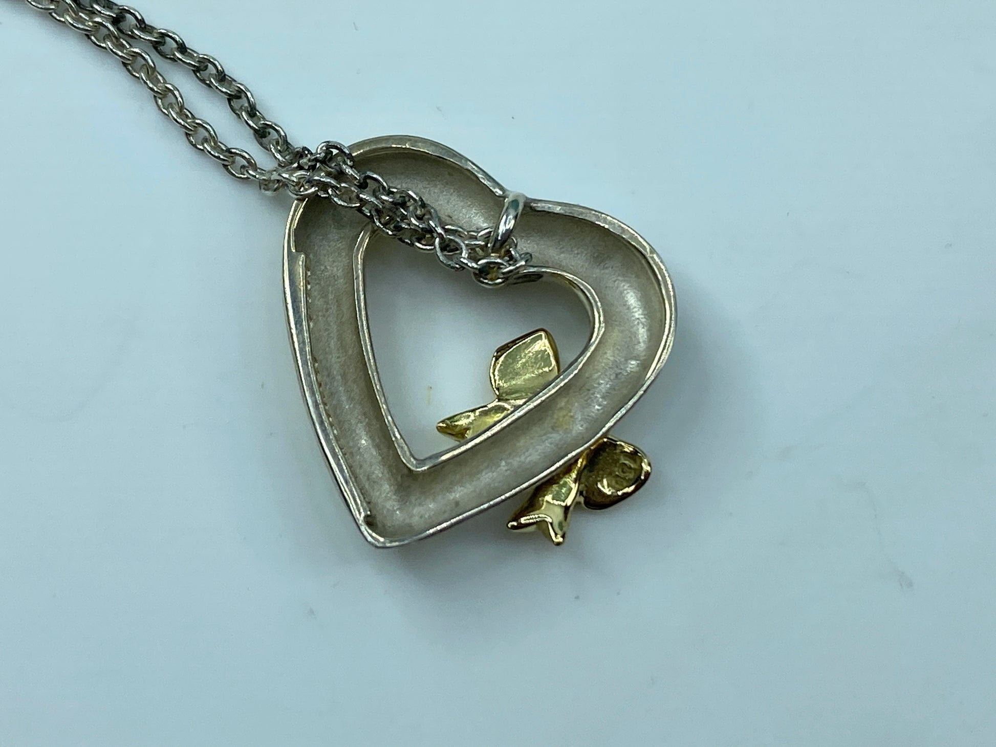 Tiffany & Co. Silver & 18K Gold Side Ribbon Bow Heart Pendant 16" Necklace JR365