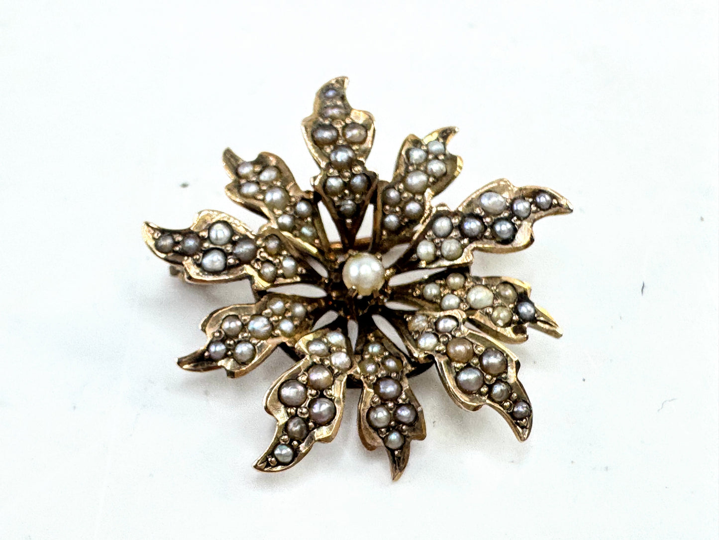 Antique Victorian 10K Gold Seed Pearl Starburst Brooch 1" JR1610
