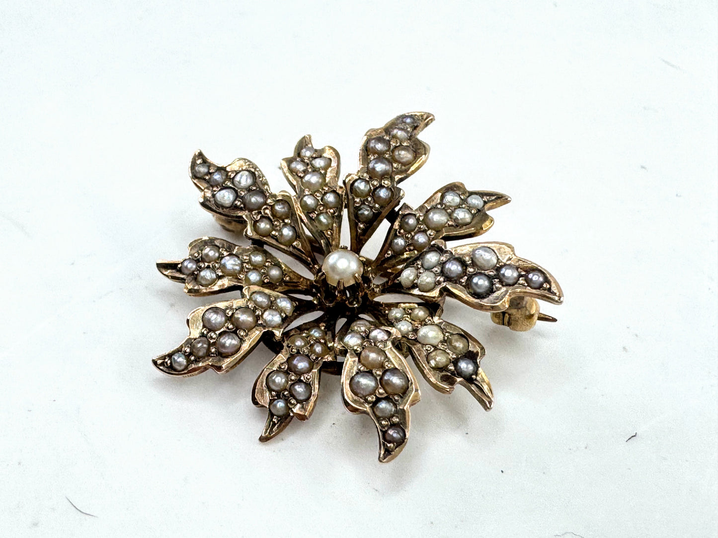Antique Victorian 10K Gold Seed Pearl Starburst Brooch 1" JR1610
