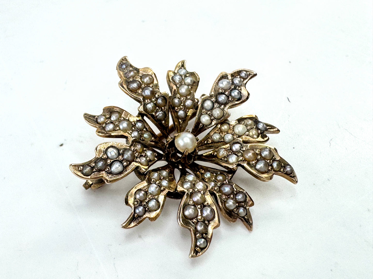 Antique Victorian 10K Gold Seed Pearl Starburst Brooch 1" JR1610