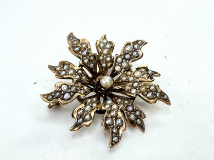 Antique Victorian 10K Gold Seed Pearl Starburst Brooch 1" JR1610