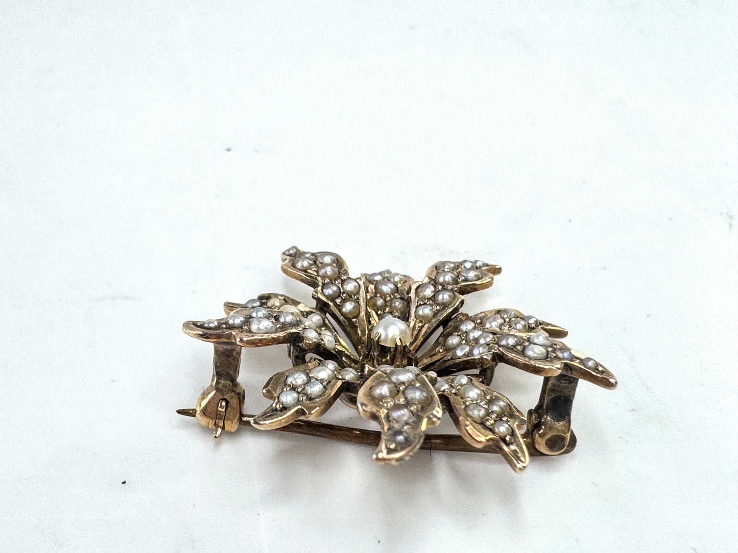 Antique Victorian 10K Gold Seed Pearl Starburst Brooch 1" JR1610