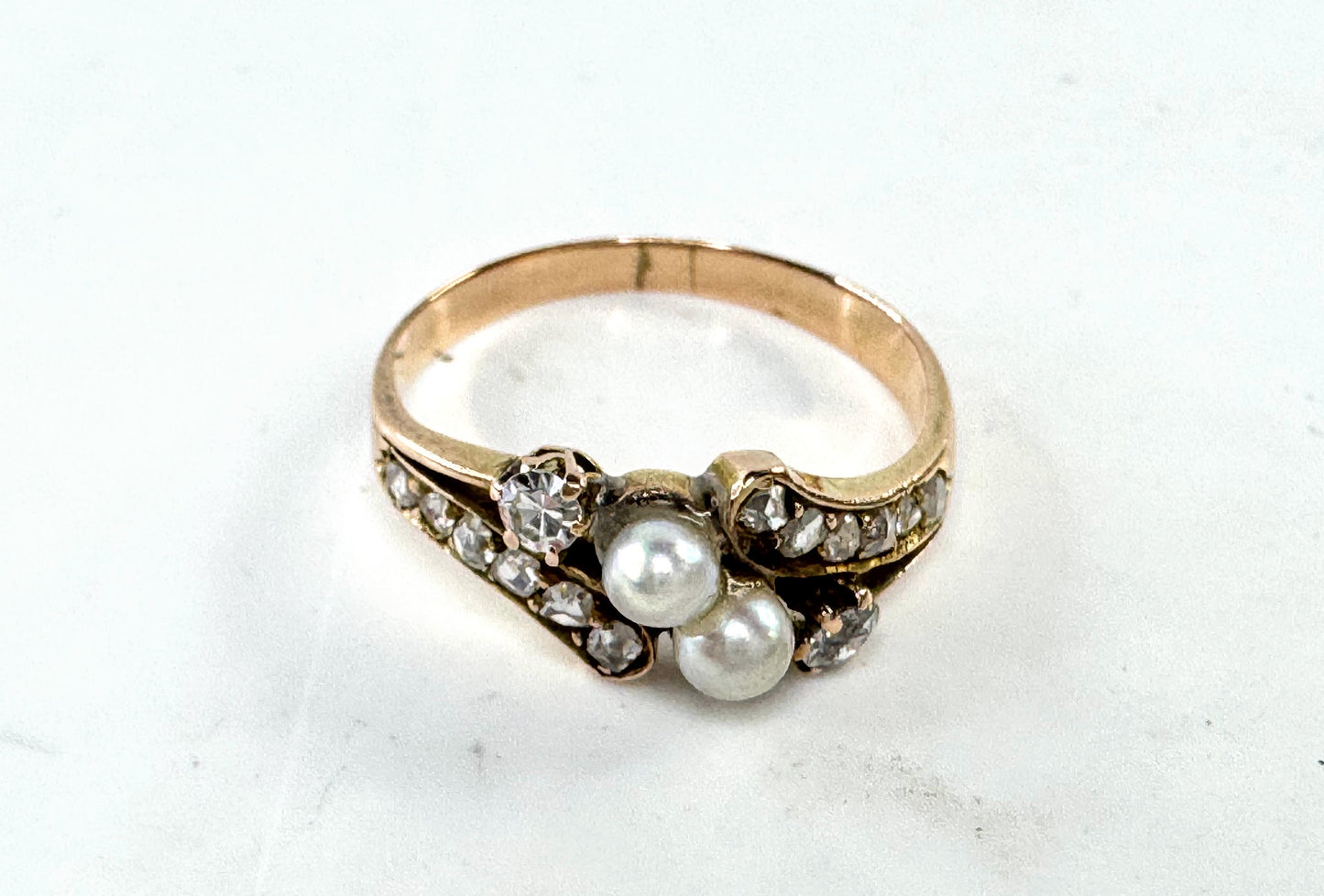 Antique 14K Gold Pearl Old Euro Diamond bypass Ring Size 5.75 JR1609