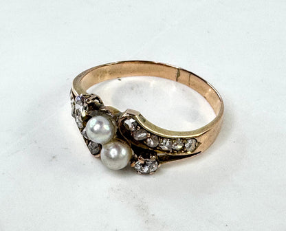 Antique 14K Gold Pearl Old Euro Diamond bypass Ring Size 5.75 JR1609
