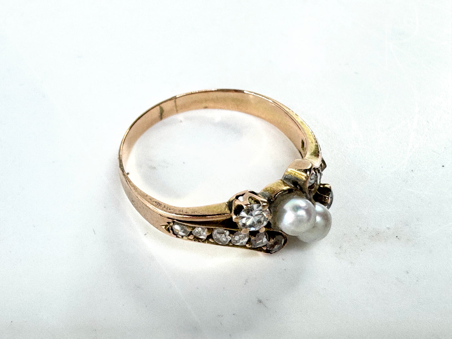 Antique 14K Gold Pearl Old Euro Diamond bypass Ring Size 5.75 JR1609