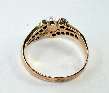 Antique 14K Gold Pearl Old Euro Diamond bypass Ring Size 5.75 JR1609
