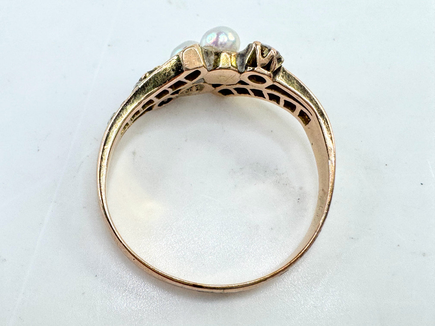 Antique 14K Gold Pearl Old Euro Diamond bypass Ring Size 5.75 JR1609