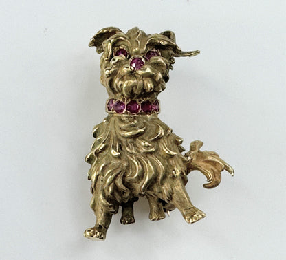 A fine 14ct yellow gold dog pattern Ruby Diamond brooch 7.4g JR9391