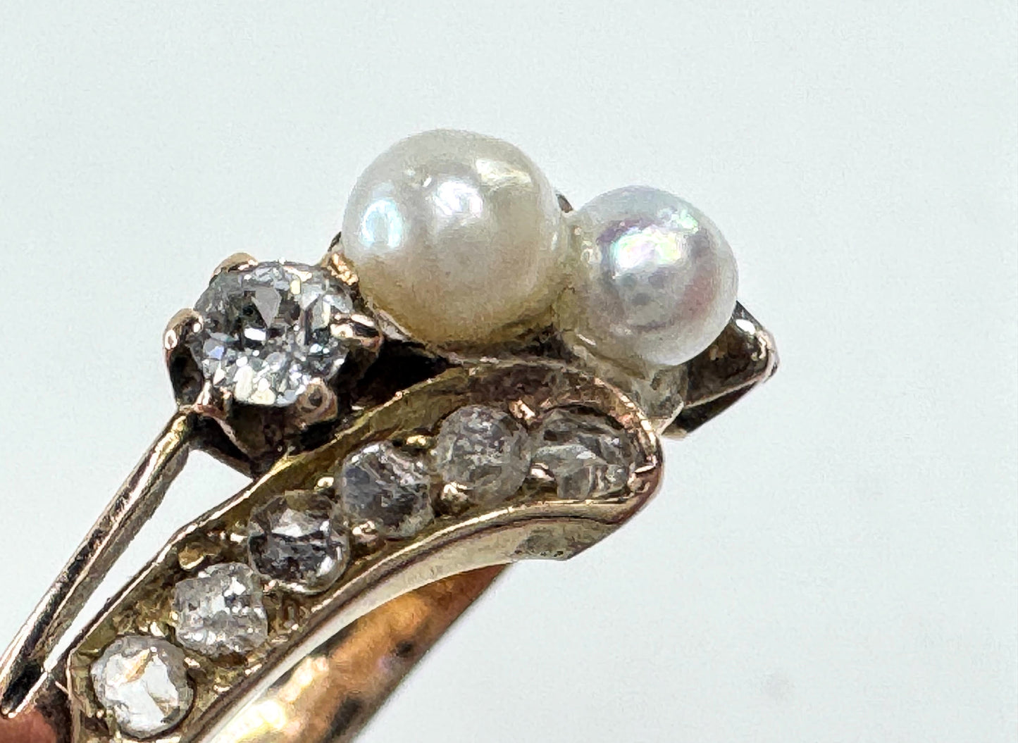 Antique 14K Gold Pearl Old Euro Diamond bypass Ring Size 5.75 JR1609