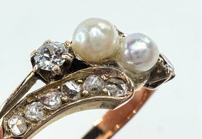 Antique 14K Gold Pearl Old Euro Diamond bypass Ring Size 5.75 JR1609