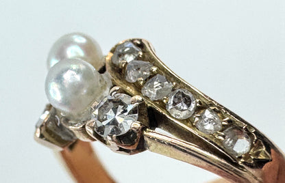 Antique 14K Gold Pearl Old Euro Diamond bypass Ring Size 5.75 JR1609