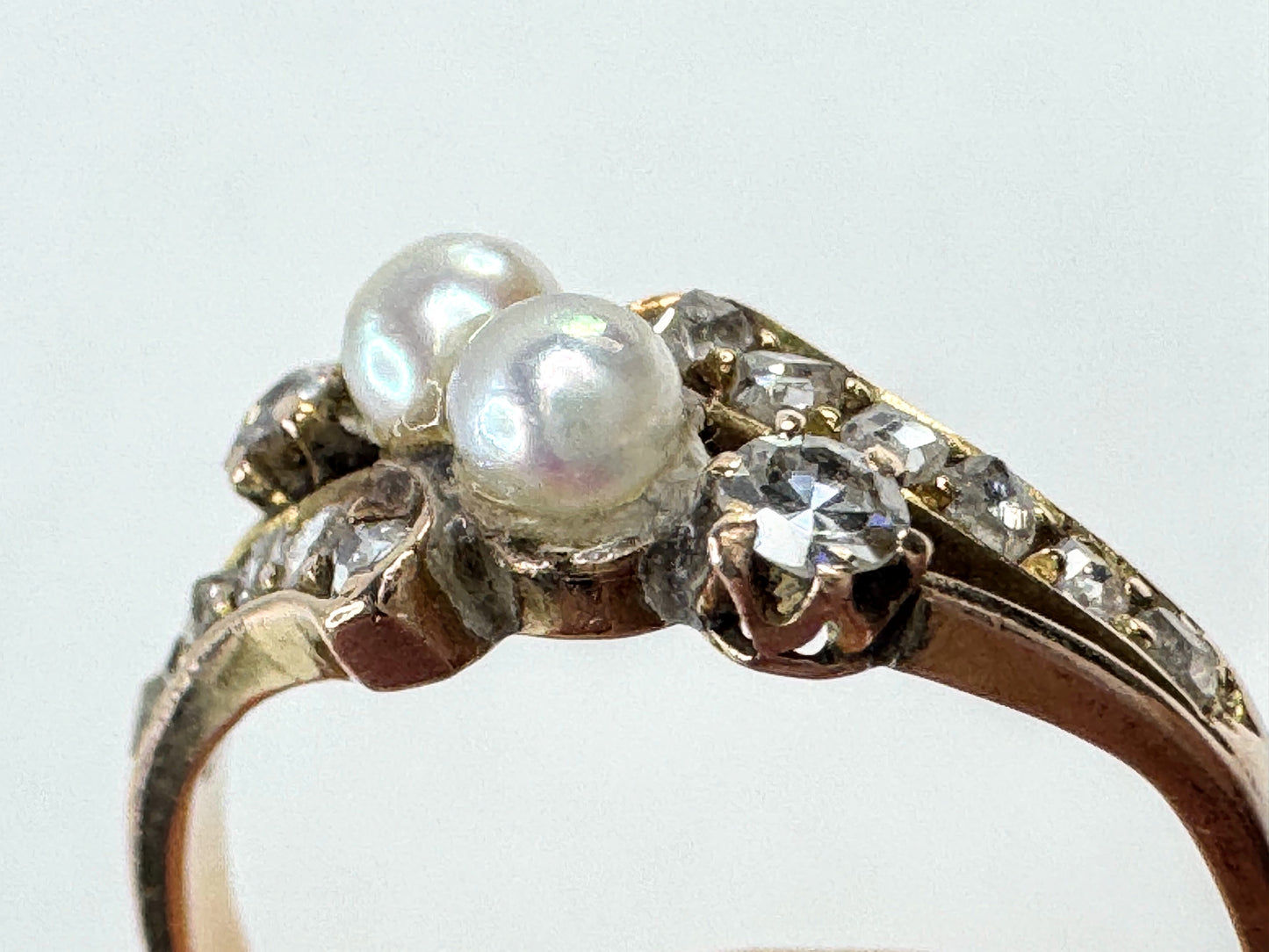 Antique 14K Gold Pearl Old Euro Diamond bypass Ring Size 5.75 JR1609