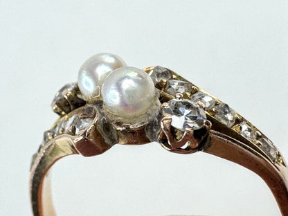Antique 14K Gold Pearl Old Euro Diamond bypass Ring Size 5.75 JR1609