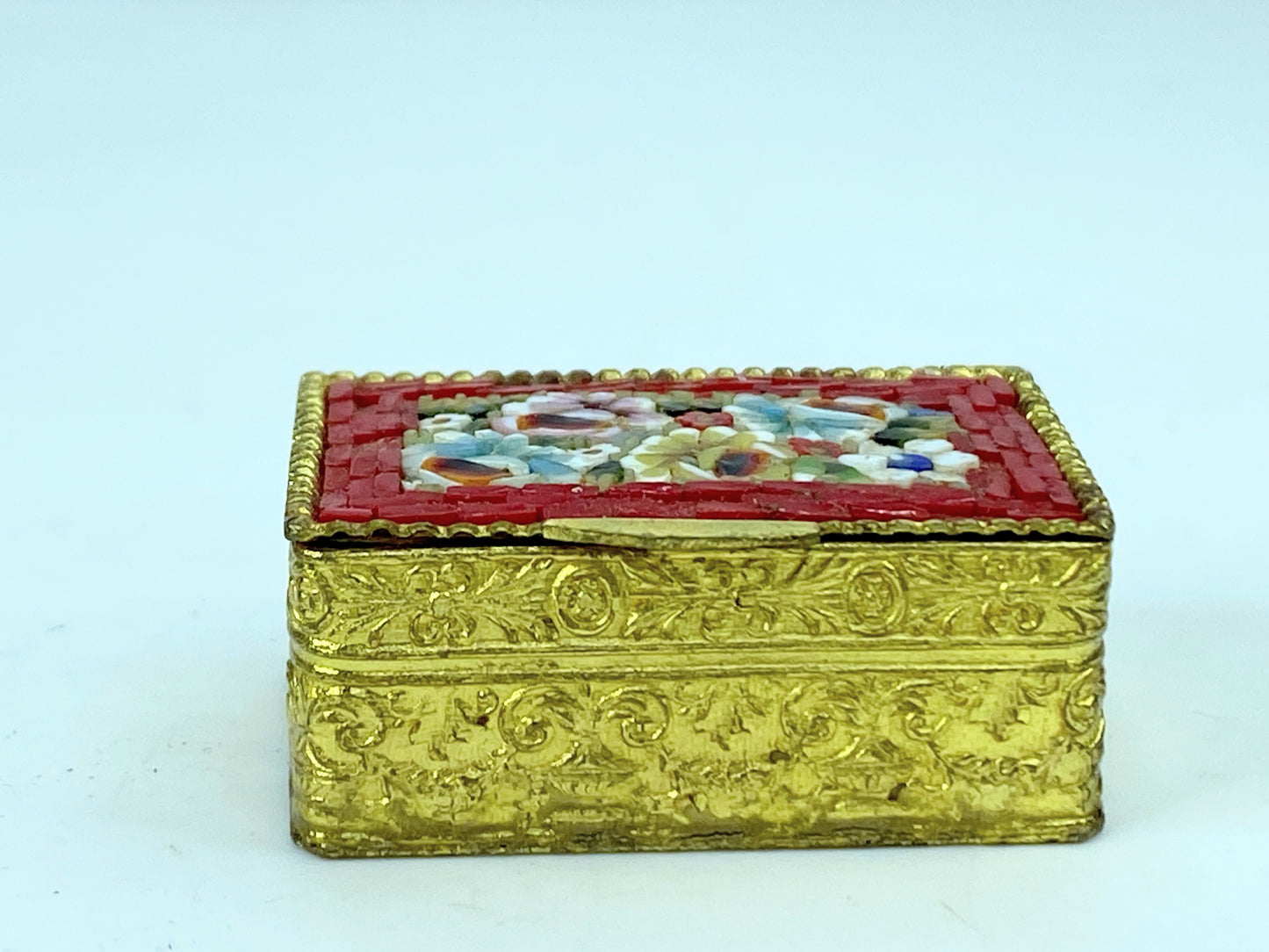 Italian Beautiful antique brass and glass mosaic flower pill box 1.25" GS653