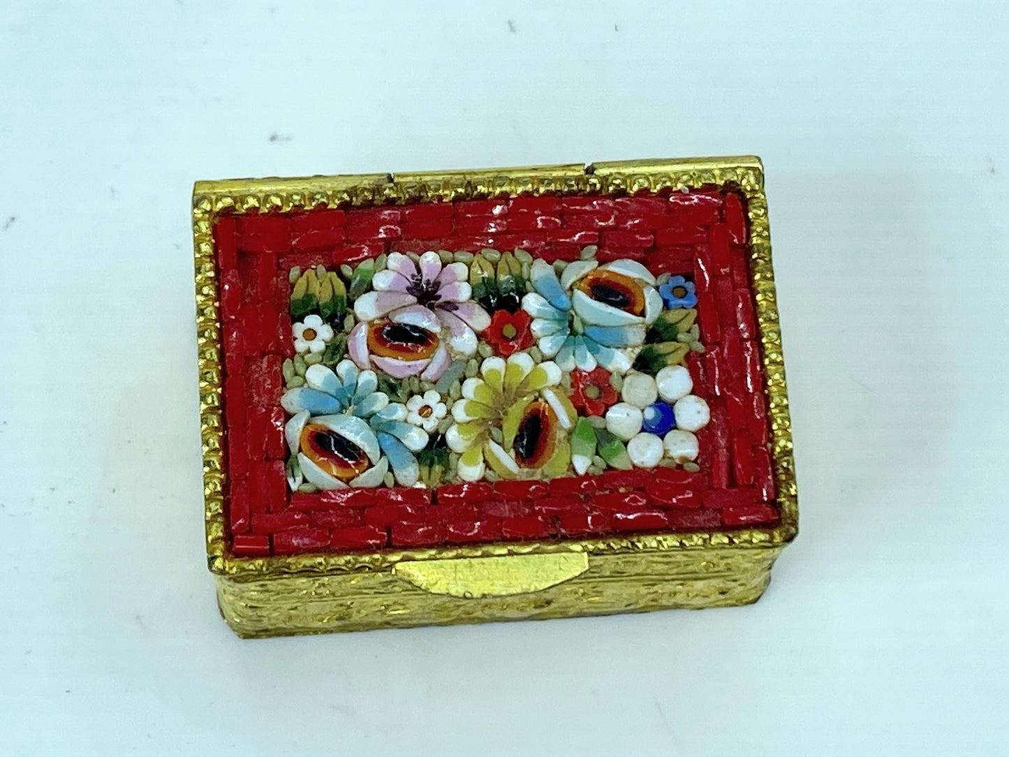 Italian Beautiful antique brass and glass mosaic flower pill box 1.25" GS653