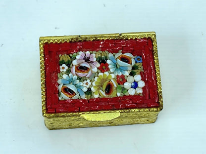 Italian Beautiful antique brass and glass mosaic flower pill box 1.25" GS653