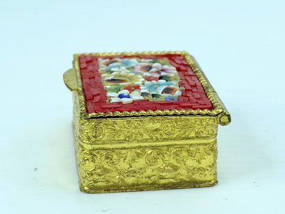 Italian Beautiful antique brass and glass mosaic flower pill box 1.25" GS653