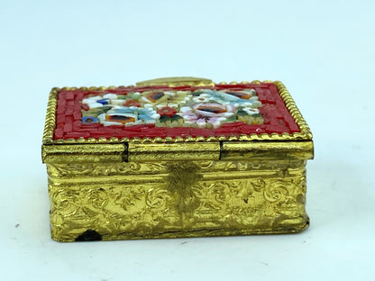 Italian Beautiful antique brass and glass mosaic flower pill box 1.25" GS653