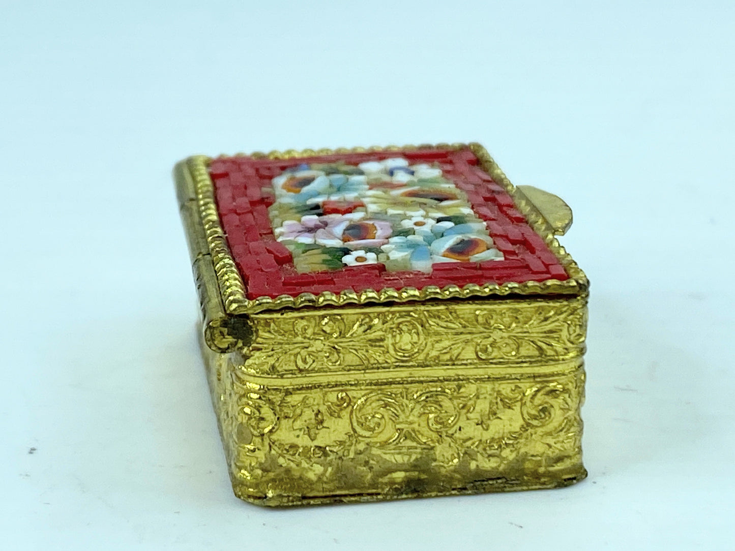 Italian Beautiful antique brass and glass mosaic flower pill box 1.25" GS653