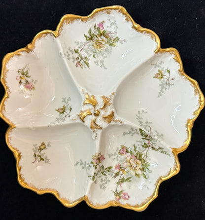 Antique French T&V Limoges Oyster Plate Hand Painted Floral Gold A891