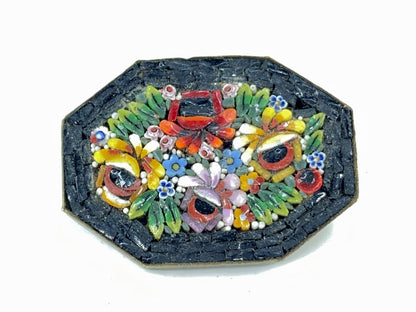 Italy Handmade Micro Mosaic Floral Arranged Tesserae Beaded Gold Toned pin GS654