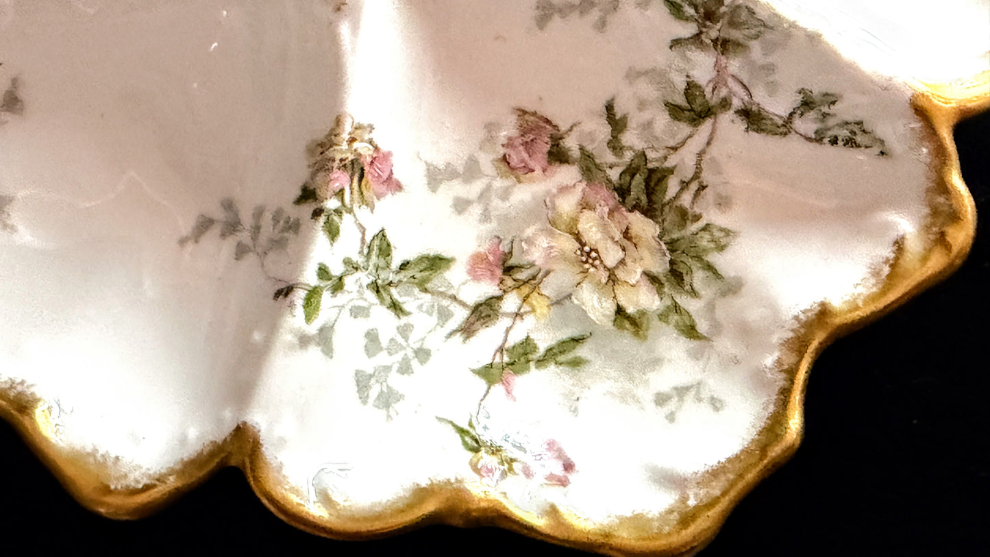 Antique French T&V Limoges Oyster Plate Hand Painted Floral Gold A891
