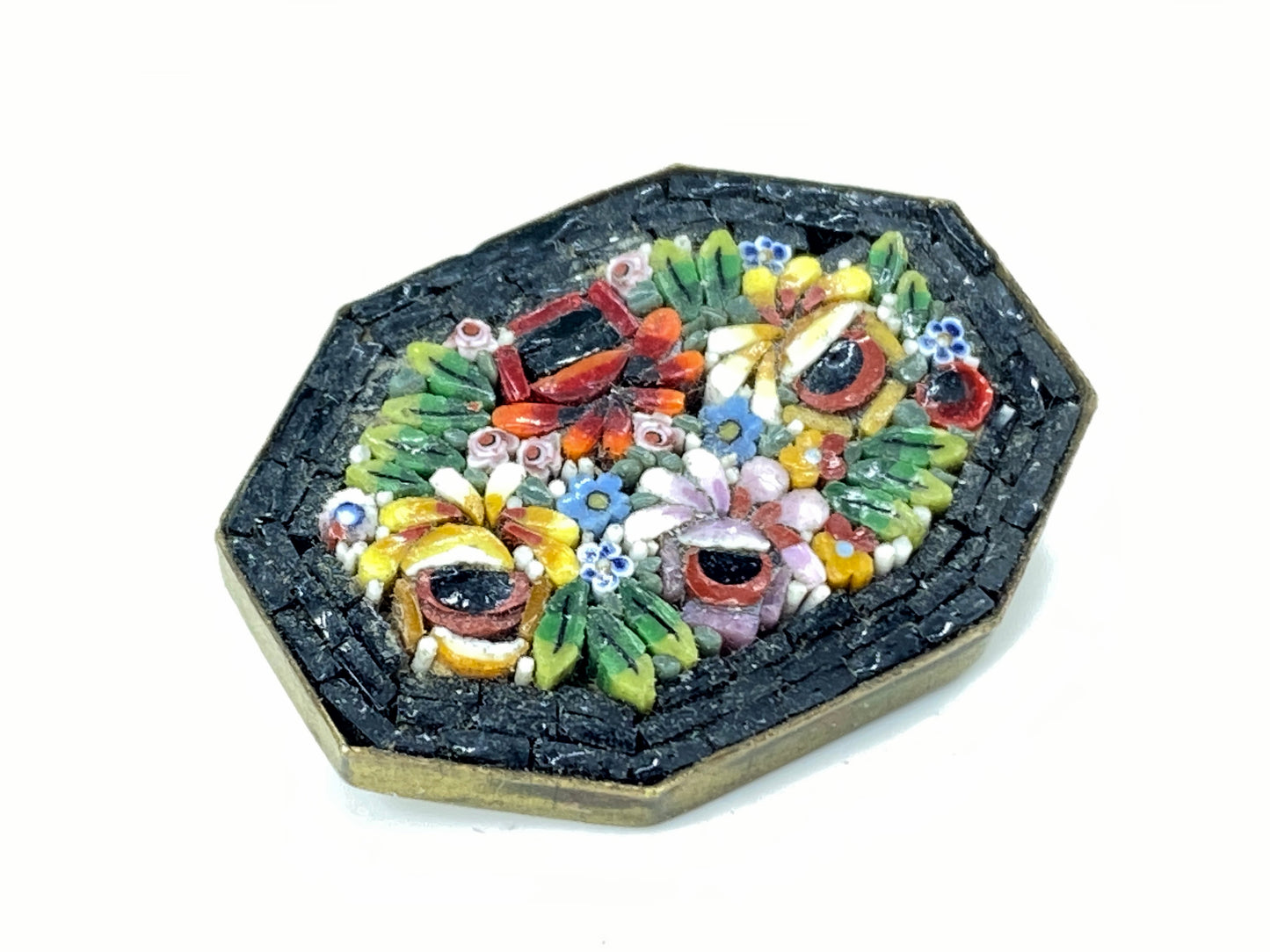 Italy Handmade Micro Mosaic Floral Arranged Tesserae Beaded Gold Toned pin GS654