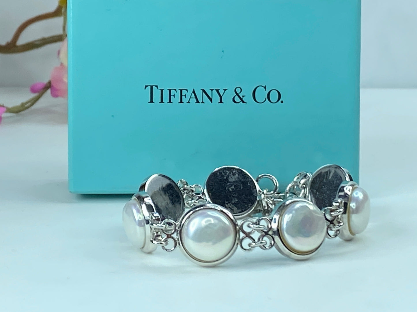 Tiffany & Co. Sterling silver Retired Iridesse Pearl bezel link bracelet JR382
