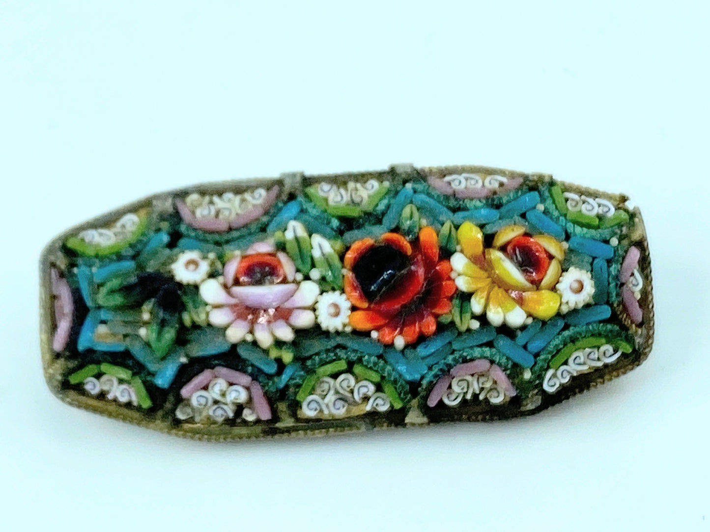 Antique Intricate Ornate Micro Mosaic Pin Brooch Italy Brass Micromosaic GS656