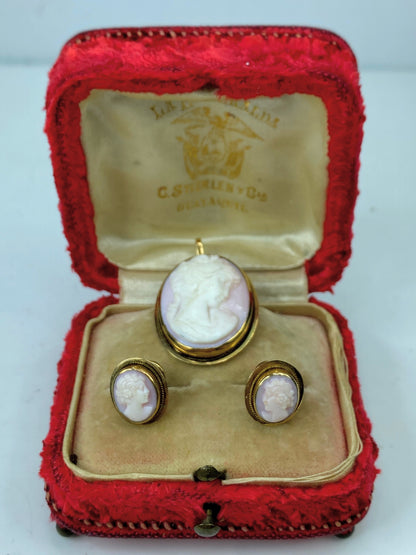 Art Deco 14K gold hand carved seashell Victoria grace matching set in box JR976